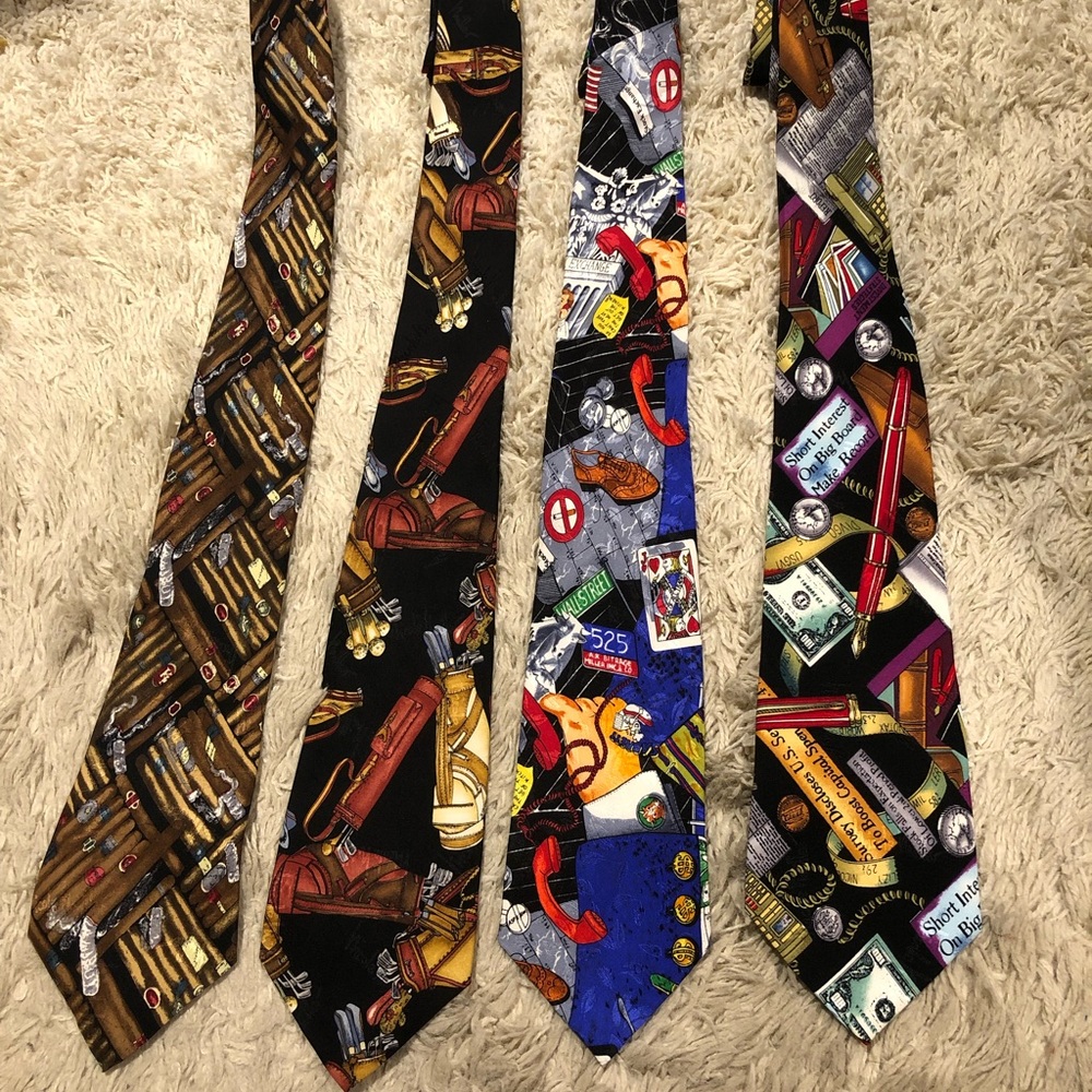NICOLE MILLER Vintage Lot of 4 Novelty Ties Various Themes 100% Silk Hand Sewn